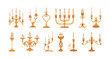 © Paper Trident - Set of vintage candelabras. Multiple brass candleholders. Gold candelabrums, candlesticks. Candles with burning fire. Antique decoration. Flat isolated vector illustrations on white background