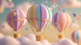 Colorful hot air balloons floating in a dreamy sky with clouds and flags