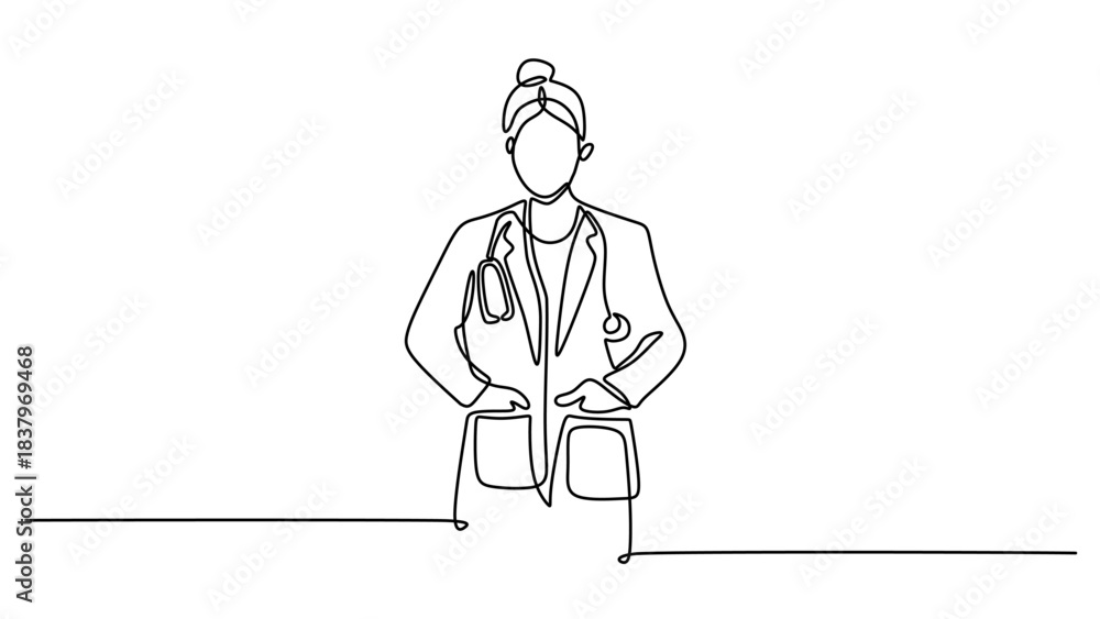 Female Doctor or Nurse with Stethoscope. Continuous one line drawing.