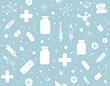 © std - Light blue, repeating pattern of medical illustrations pills, syringes, crosses, bottles, and molecular structures