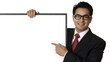 © Tmack - Confident businessman points to blank white board your important announcement or presentation data