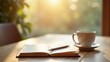 © Mystery - Open blank notebook with pen and white coffee cup on wooden table bathed in warm morning sunlight near window with soft bokeh and green plant, concept of journaling, productivity, mindful morning