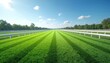 © miss irine - Illustration presents a horse racing track under a clear blue sky. Bright green grass makes a visual appeal. White fences border the racecourse. Trees line the background providing depth.