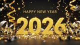 Happy New Year 2026 shimmering gold digits surrounded by confetti and streamers celebrating new beginnings and festive occasions