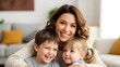 © Ricko - Beautiful smiling mother bonding with her two happy young children, a boy and a girl, in a cozy home environment, expressing joy and family connection