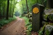 © miss irine - Camino de Santiago way sign on stone pole with shell symbol. Pilgrimage route marker points the direction through leafy green forest landscape and countryside road at daytime.