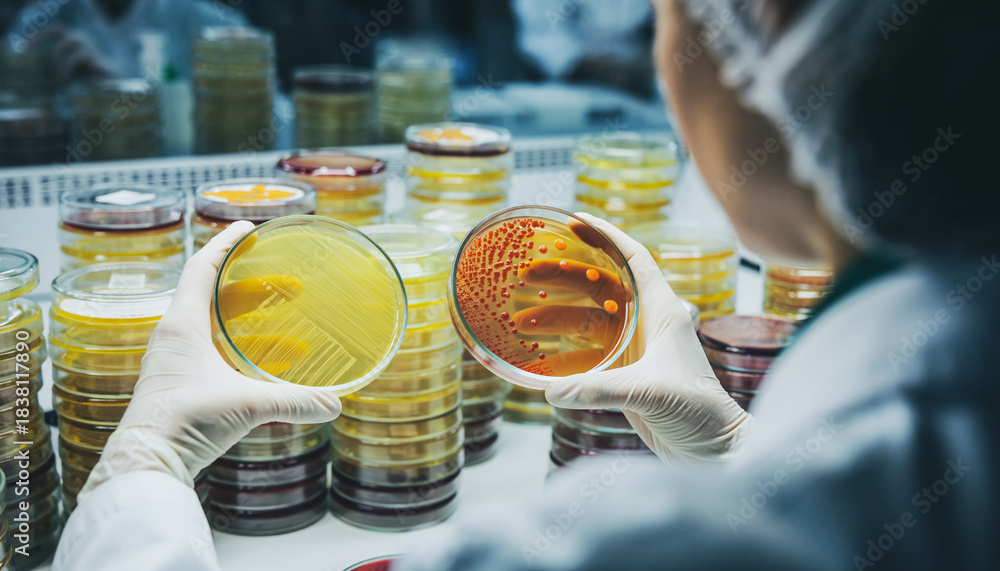 Scientist analyzing bacterial cultures in petri dishes for medical ...