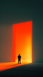 © Lustre Art Group  - Bold composition. Man facing giant glowing red portal in moody minimal hall. Concept of digital transformation, branding identity, strategic decision themes, immersive future design.