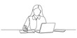 © Single Line Art - Continuous line drawing of a woman working at a desk with laptop and notebook. illustrates remote work, study, business, and productivity. Vector, illustration