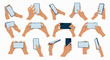© Olena - Set of hands with mobile phones in various positions. People using smartphone, scrolling, tapping, touching fingers, taking photos. Hand drawn vector illustration, modern flat cartoon style.