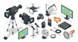 © Santiago - Isometric video production equipment with cameras, drones, and microphones