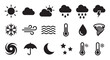 © Mr. Stocker - Collection of black weather forecast icons showing various meteorological conditions like sun, rain, snow, wind, and storms in a simple minimalist graphic glyph style for web or app design