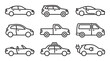 © Mr. Stocker - Collection of various car type icons including a sedan, SUV, sports car, truck, van, taxi, and electric vehicle, presented in a simple black and white line art style