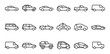 © Mr. Stocker - Various car and vehicle line art icons set showing different automobile types like sedan, SUV, van, taxi, and electric car in a simple black outline style collection