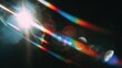 © MOON - Intense analog lens flare effect with vibrant rainbow spectral streaks and bright light source anomaly, perfect cinematic overlay texture on dark background.