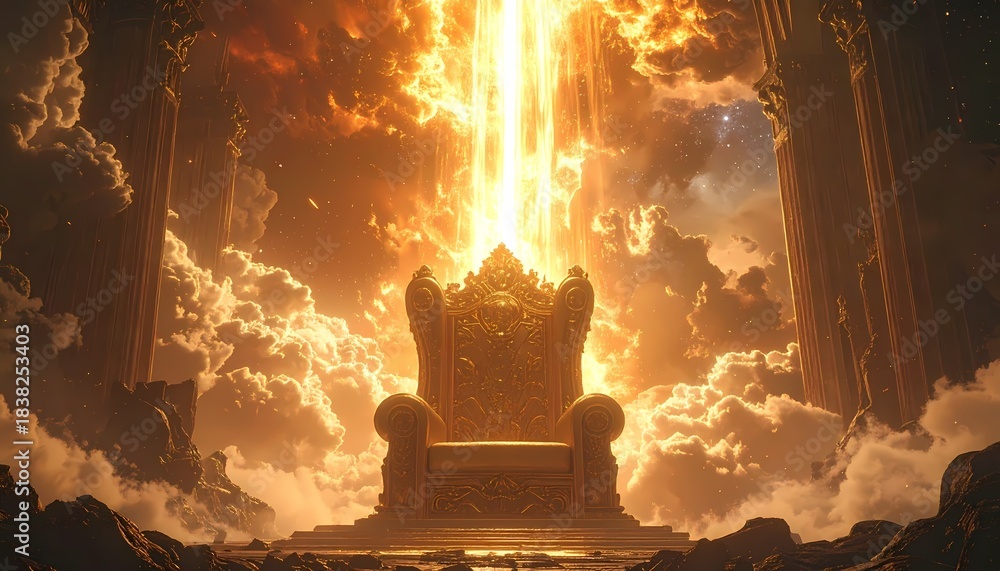 Majestic Throne Bathed in Golden Light and Fiery Clouds. Stock ...