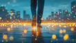© kampolsuk - Man walking city street night lights bokeh shoes pavement reflection urban evening motion