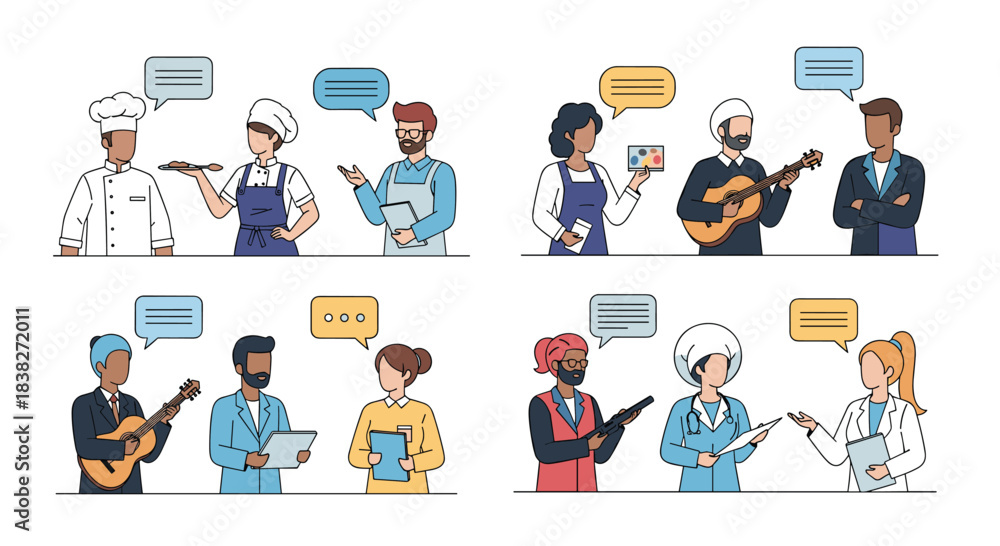 Diverse professionals from various industries are shown engaging in communication and collaboration, representing a wide range of job roles.