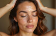 © Vadym - Young woman does beauty treatments for face and hair. Girl applies natural organic oil for perfect skincare. Pretty model does massage herself at home. Wellbeing and body positive concept.