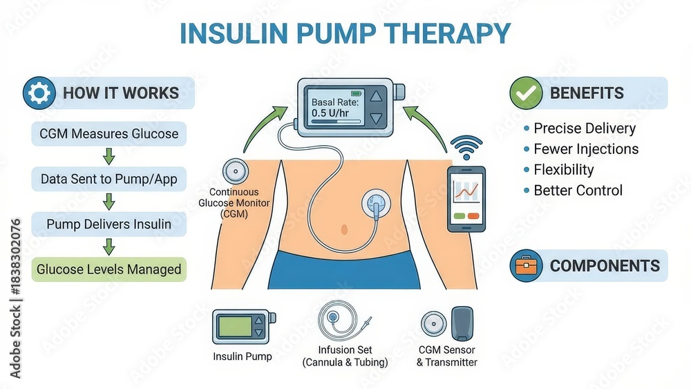 Diagram of insulin pump therapy with cgm: sensor sends glucose data to ...