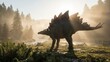 © flashmovie - Stegosaurus walking confidently through a primeval forest landscape with a river and heavy mist, backlit by warm morning sunlight creating a dramatic prehistoric scene