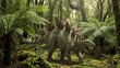 © flashmovie - Stegosaurus, a large herbivorous dinosaur, is walking through a dense, lush prehistoric jungle forest, bringing to life an extinct creature from the mesozoic era