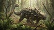 © flashmovie - Ankylosaurus, a heavily armored, herbivorous dinosaur, is moving through a dense primeval forest, its powerful tail club swinging and leaves scattering