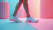 © Vadym - Legs in modern footwear walk in pastel studio. Athletic woman wears stylish shoes on pink and blue background. Trendy sneaker design showcased for advertising active lifestyle and fitness.