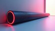 © Vadym - Soundbar device glows red near wall. Modern audio equipment sleek. Technology background features home sound system for entertainment. Media firms use for ads, product demos, presentations. Sound bar