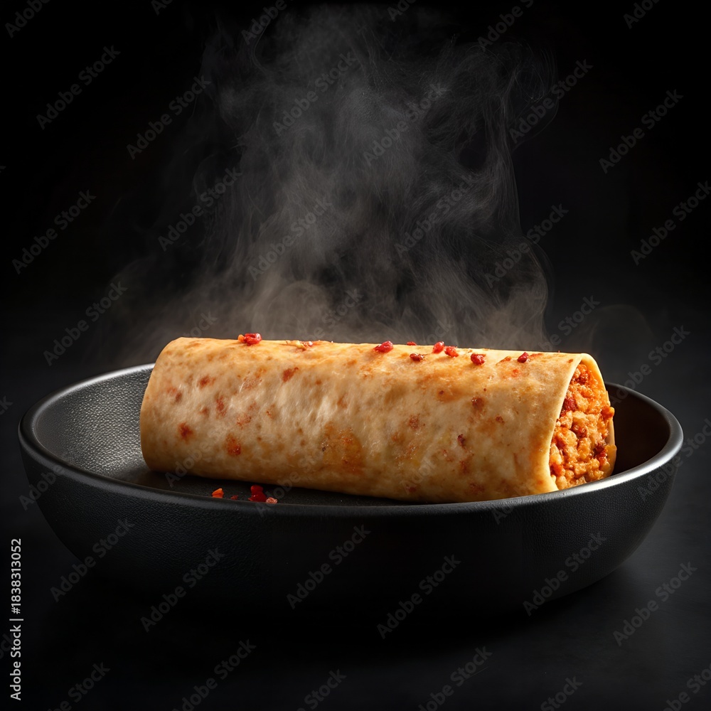 Cut burrito roll with visible smoky steam rising, pepper flakes ...