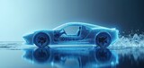 Transparent blue car chassis shown with internal workings visible, moving through water creating splashes. Illustrates eco friendly vehicle concept for clean energy transportation.