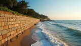 Sea wall defends coastal area against ocean surge. Stone barrier protects beach and shoreline from rising water levels. Infrastructure safeguards community resilience to climate impacts.