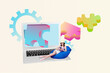 © deagreez - Zine 3d image artwork banner collage of happy girl freelancer surf laptop puzzle development match gearwheel progress target