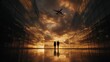 © Rifqi - Silhouette of couple standing between modern buildings with airplane in the sunset sky, concept for travel marketing, architectural visualization and urban lifestyle
