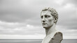 © Tameem - A weathered marble bust faces left, showing signs of age and damage. A clouded, indistinct horizon fills the background, creating a sense of vastness and solitude.