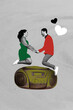 © deagreez - Vertical pop art trend banner collage of two happy girl guy family couple jump vintage music player boombox retro event valentine
