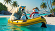 © Hagop - AI-generated image of a Polar bear penguin and a Snowman escaping the cold weather to a tropical island