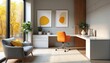 © Pete - Bright modern workspace with L shaped desk and orange chair. Large window overlooks autumn trees. Comfortable sofa, potted plants, artwork create inviting home office.