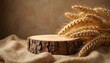 © Pete - Natural wooden slice stand with dry wheat stalks arranged on burlap cloth. Rustic rural background provides organic display space. Ideal for product promotion, harvest themes, bakery goods.
