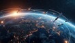© Pete - Dynamic 3D rendering of multiple satellites in orbit around Earth. Illuminated continents showcase global connectivity. Illustrates advanced space technology, communication networks. Complex orbital
