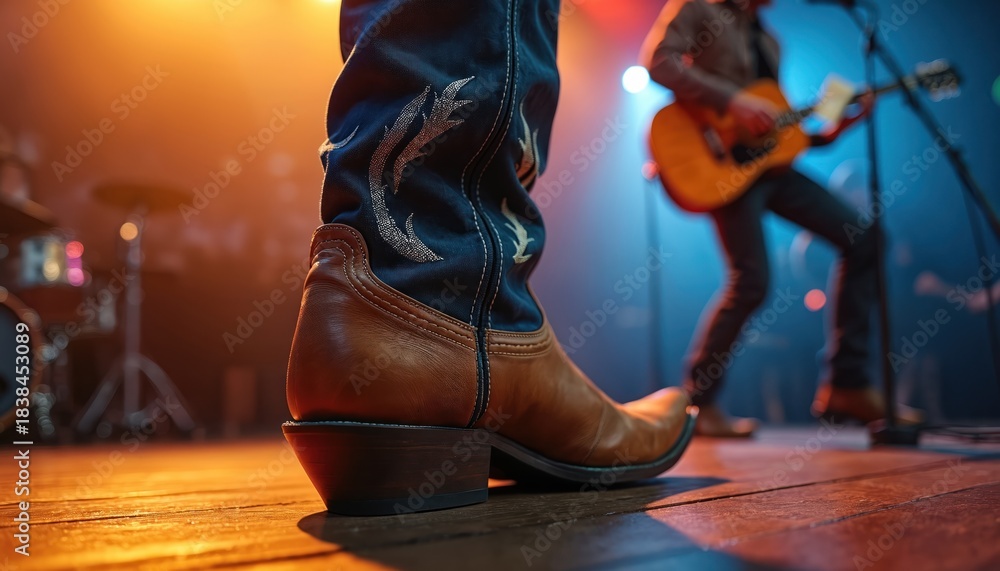 Close up photo of a cowboy boot on stage. A guitarist plays acoustic ...