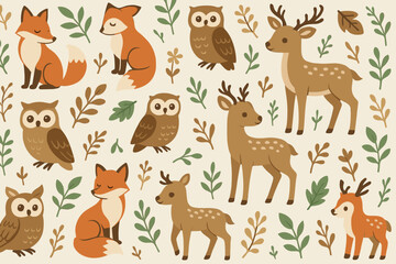  Forest animals pattern with foxes, deer, and owls on light background with leaves