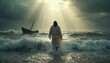 © Pete - Man walks on water toward boat during sea storm. Religious figure overcomes ocean adversity. Concept shows faith over nature. Rays of light pierce sky. Divine power guides lost ship.