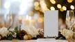 © A2Z AI  - Elegantly styled table setting featuring white roses, pine cones, and gold ornaments, illuminated by soft, festive lights, creating a warm and inviting atmosphere.