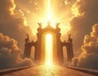 © Pete - Golden gate of heaven with bright light in epic clouds. Divine pathway leads to majestic entrance, ornate architecture, old stone structure. Angel statues adorn top. Spiritual journey, sacred portal,