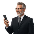 © MstShilpi12 - Mature businessman with glasses and beard smiling while holding a smartphone in his hand isolated on transparent background