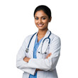 © MstShilpi12 - Smiling indian female medical professional wearing a white lab coat and stethoscope arms crossed isolated on transparent background