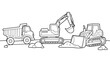© 4Max - Construction equipment line art: excavator, bulldozer, and dump truck