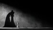 © mila103 - A chess king piece stands tall in a dimly lit room. Its shadow stretches across the textured floor towards a pawn highlighting the game of strategy.