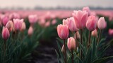 Rows of pink tulips are growing in a field during the early morning hours. Dew is visible on the petals. The setting shows a rural landscape with soft light.